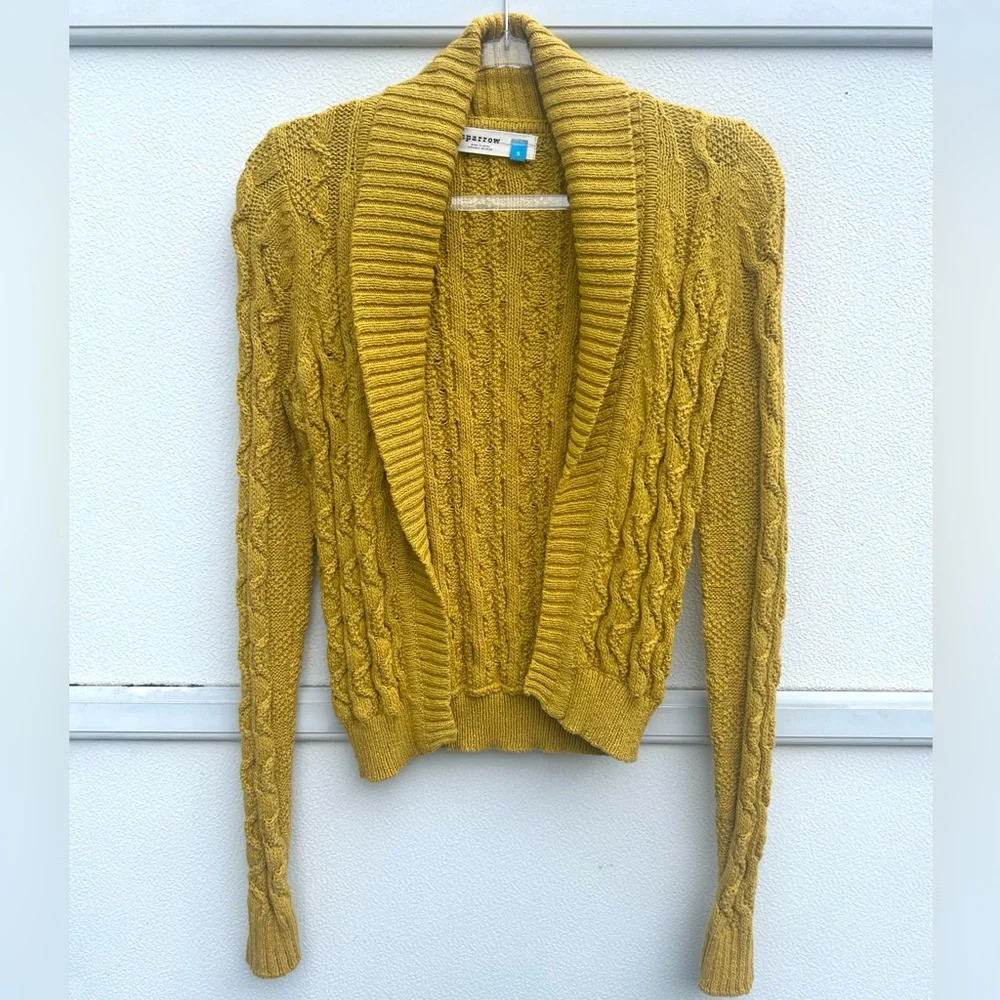 Anthropologie Sparrow Cardigan Sweater Cable Knit Yellow Open Women S Fisherman - Picture 6 of 9